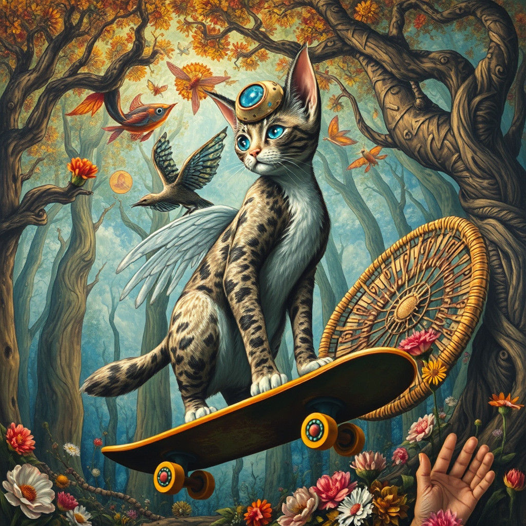 Surreal Sky Fish in Dreamlike Forest: Art Nouveau Style