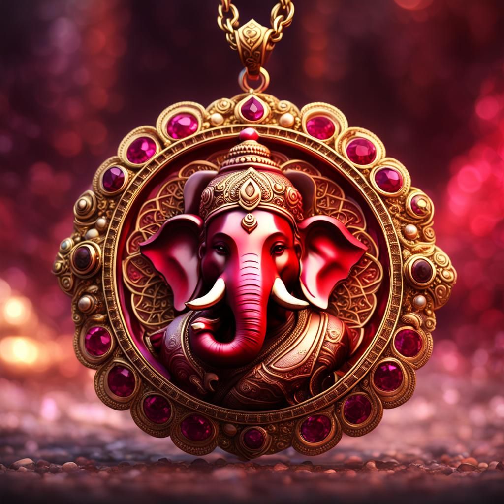 Ruby Ganesha Pendant: Detailed Matte Painting