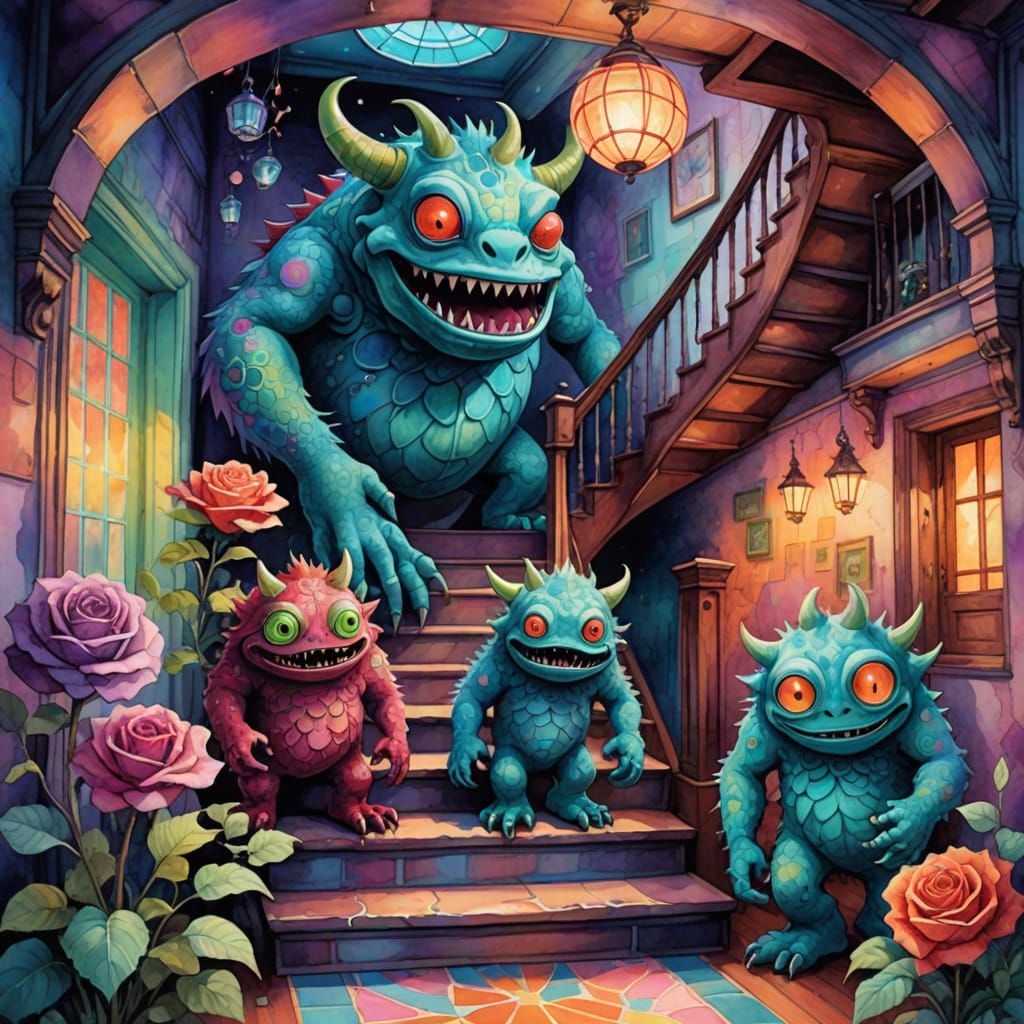 Whimsical Watercolor Monsters Under Stairs