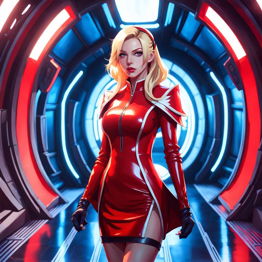 Blonde Wizard Girl in Spaceship Corridor, Cell Shaded