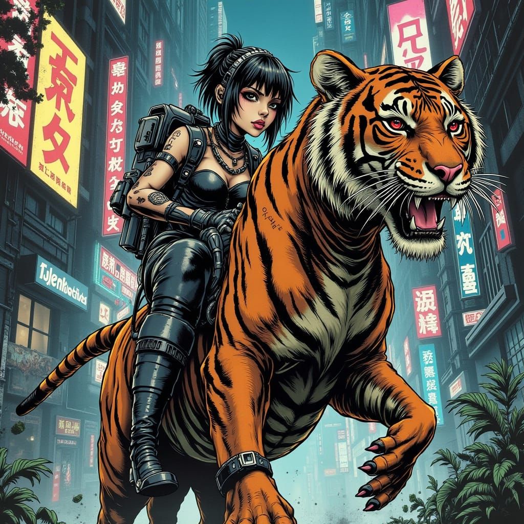 Cyberpunk Goddess Riding Mechanical Tiger through Neon City
