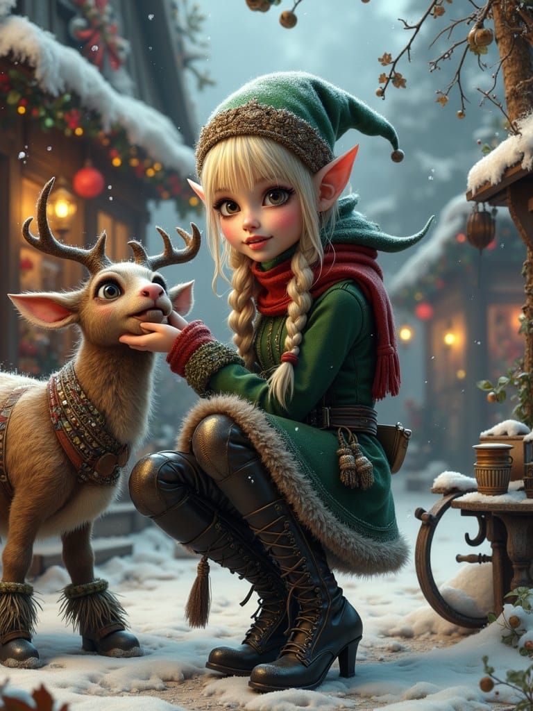 Festive Elf Feeds Rudolph: Digital Art