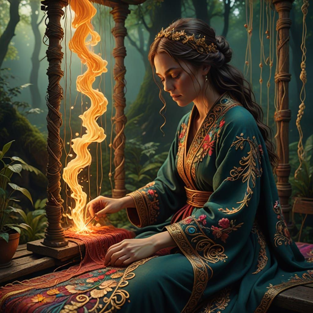Woman Weaves Recursive Tapestry in Enchanted Forest