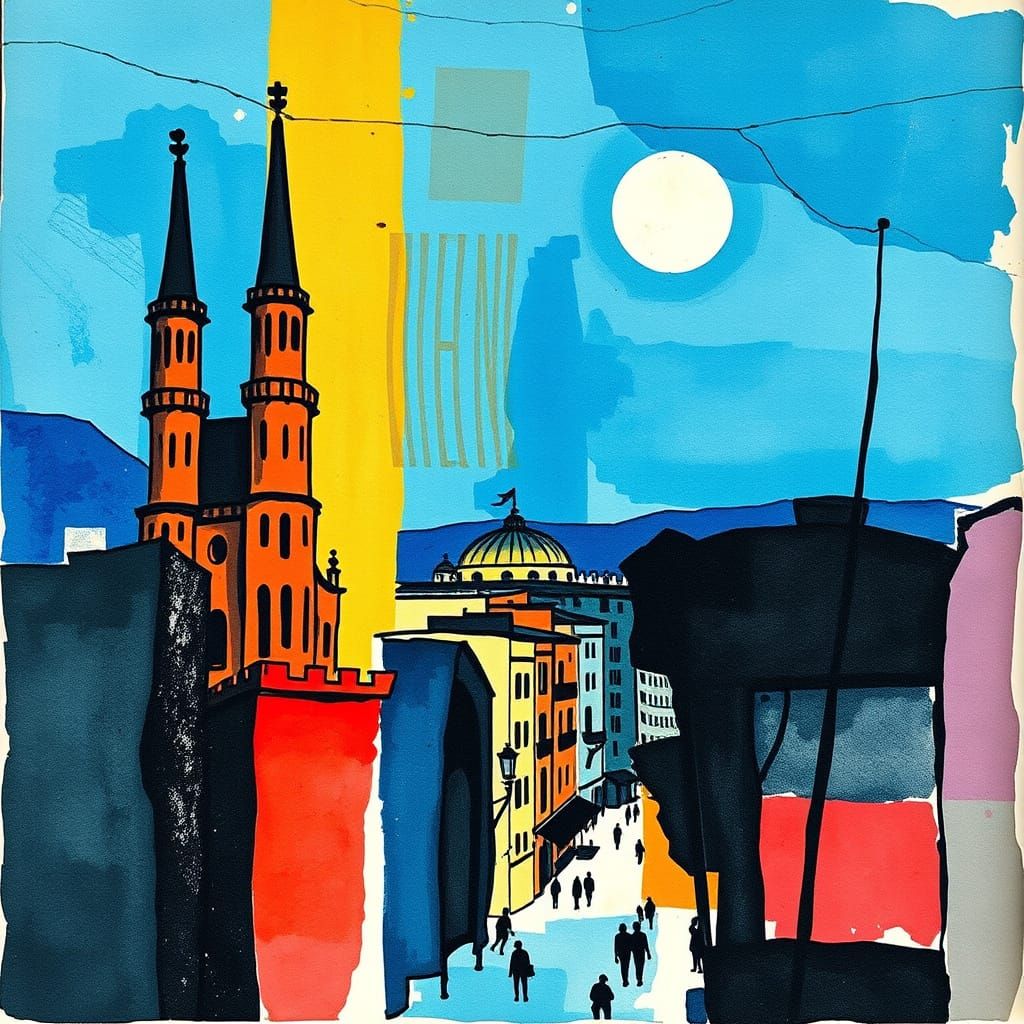 Minimalist Constructivist Collage of Barcelona Night