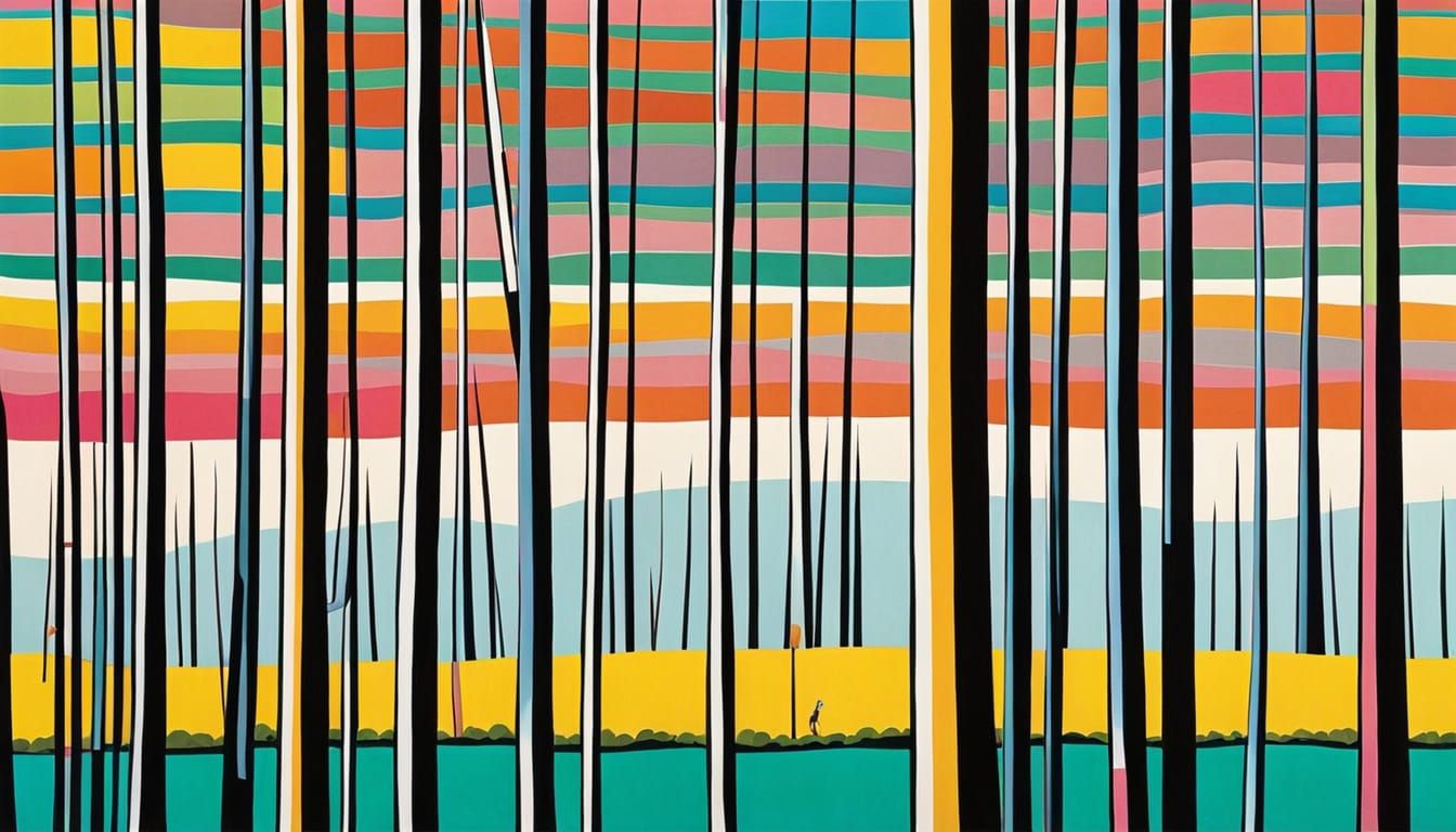 "A whimsical forest where candy-colored stripes wrap around tree trunks, inspired by Gene Davis's playful stripe arrange...