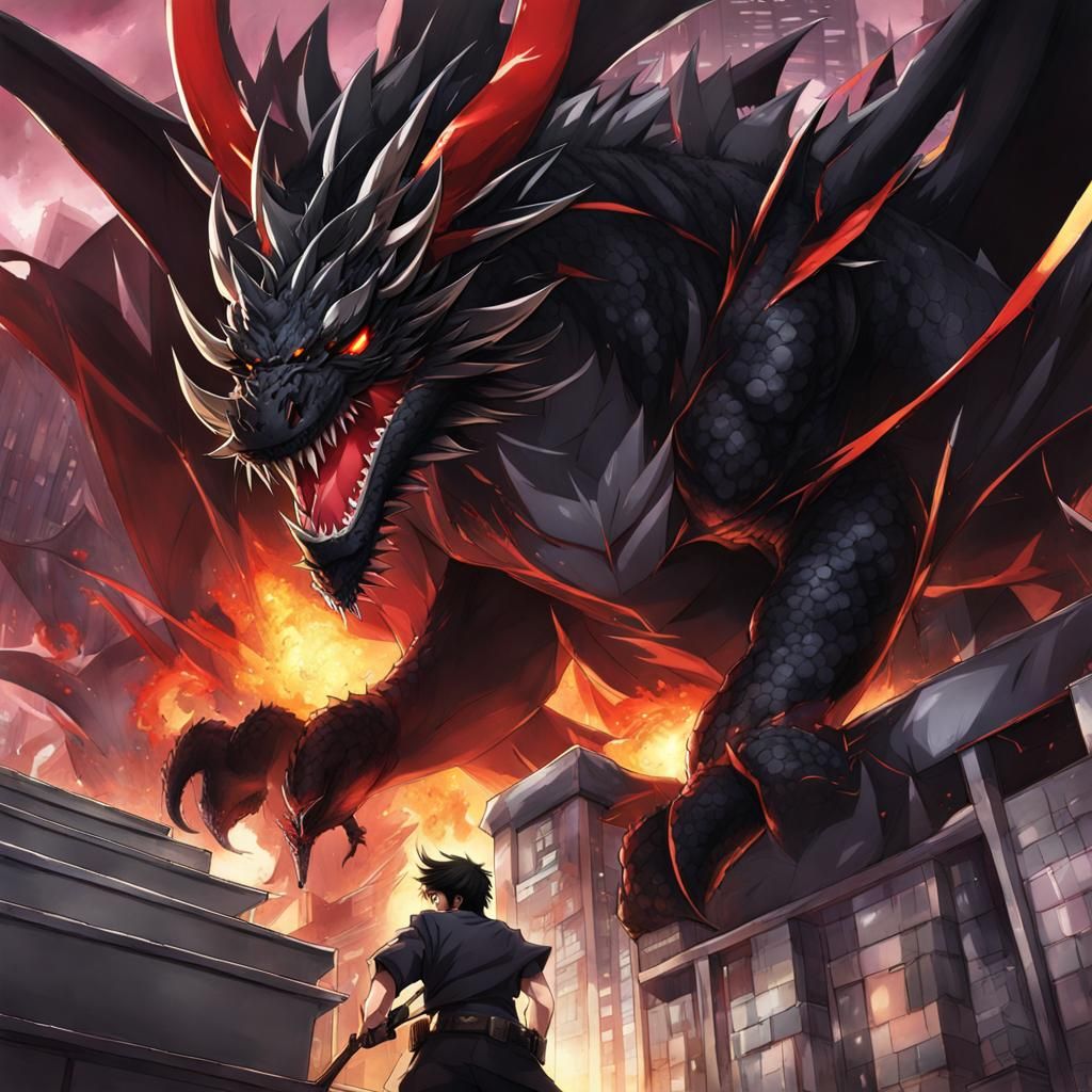 Fierce Black Dragon Destroys Hospital: Anime Art