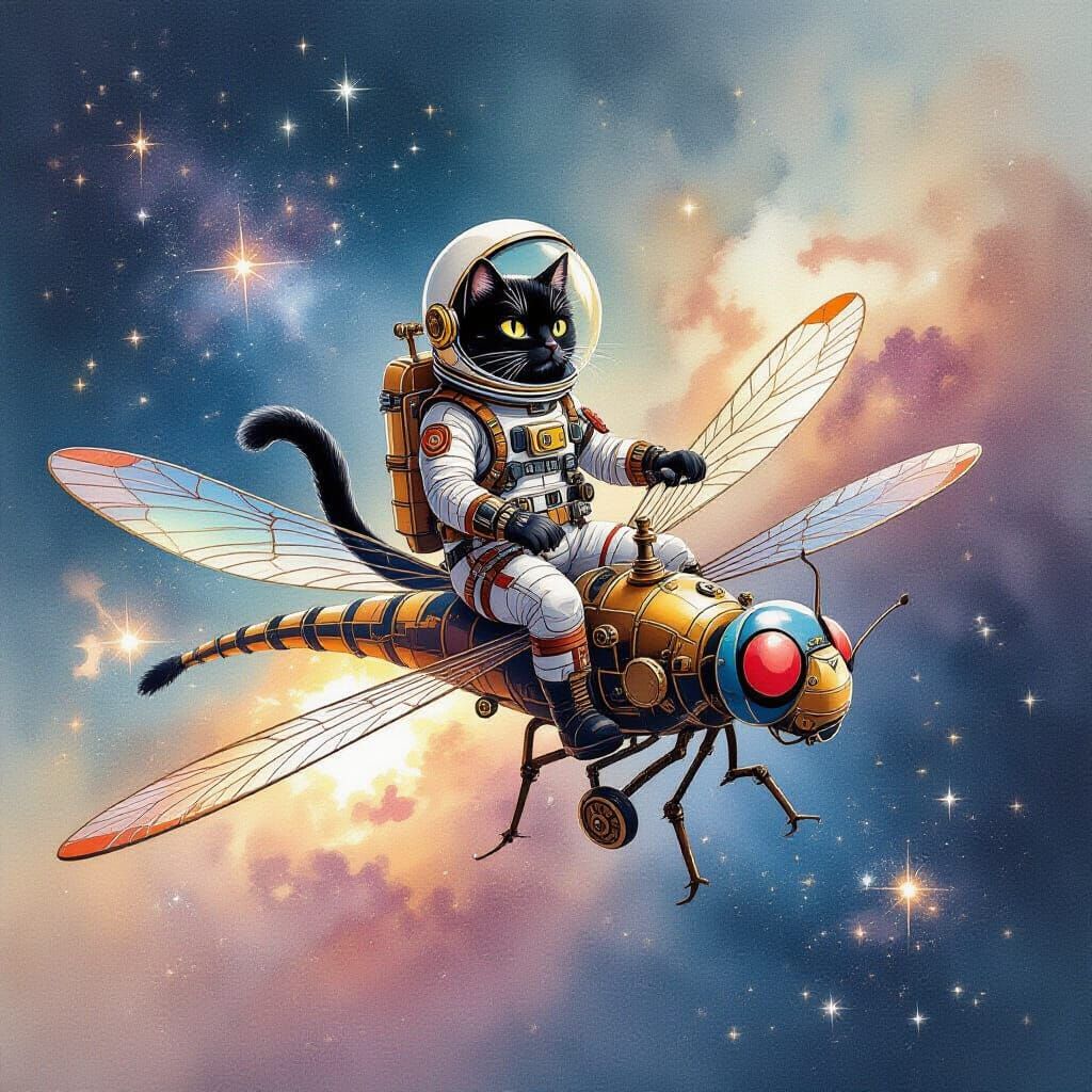 Steampunk Cat Soaring Through Cosmos in Watercolor