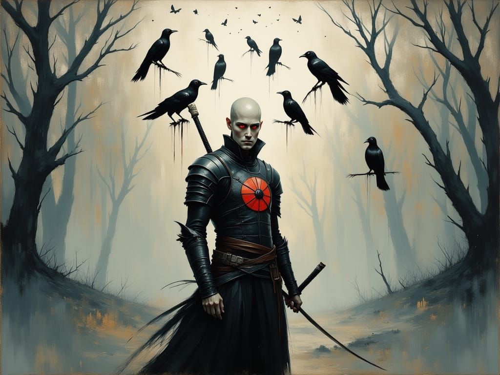 Cyberpunk Warrior in Dark, Gothic Landscape