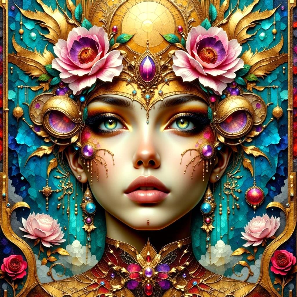 Hyperdetailed Oil Painting with Sun, Runes and Metallics