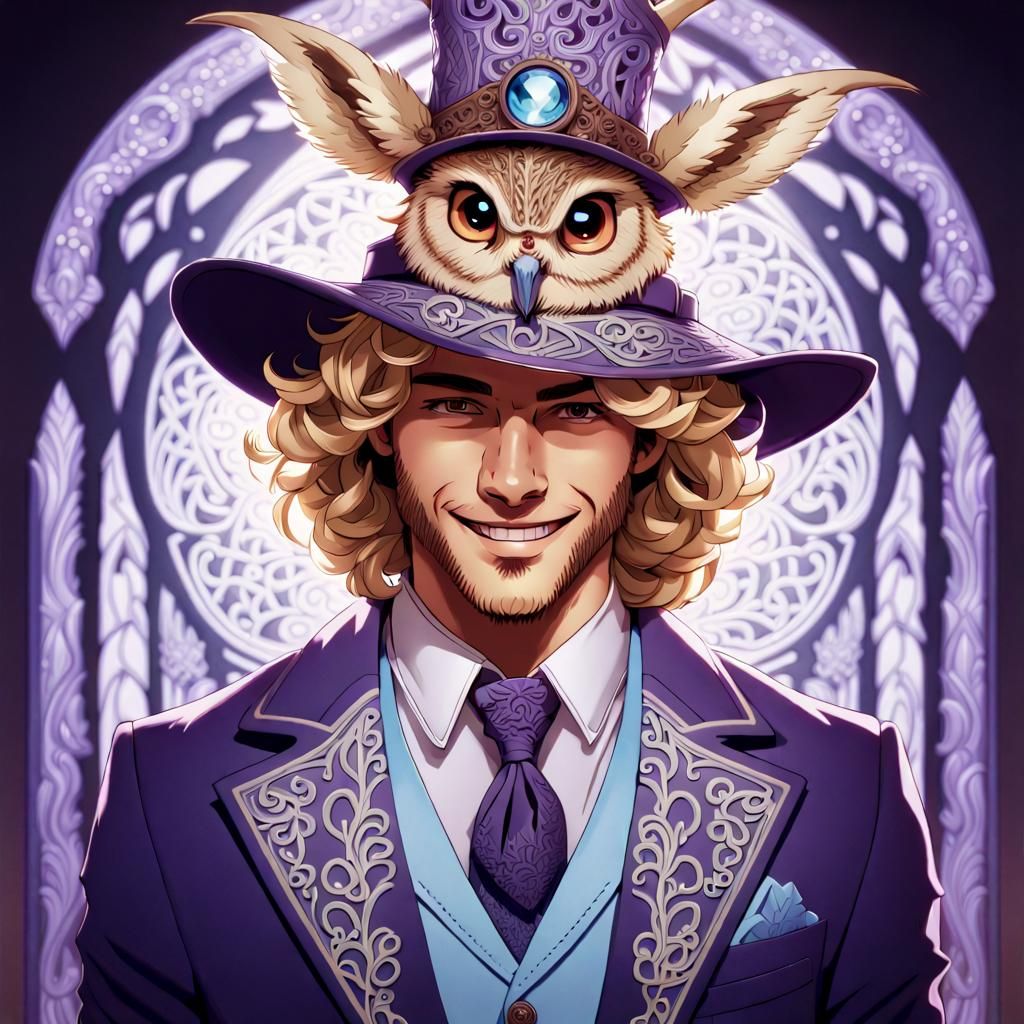 Handsome Man with Owl-Pika Pet in Art Nouveau
