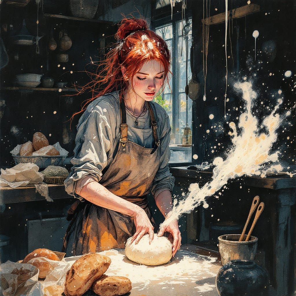 Redhead Baker Kneading Dough in Ethereal Kitchen