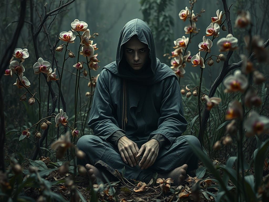 A Figure Amidst Withered Beauty, Etched with Determination