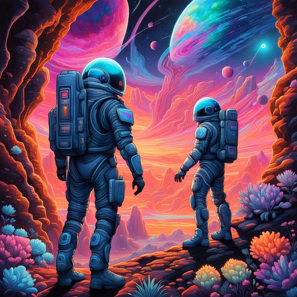 Astronaut and Alien Encounter on Bioluminescent Exoplanet