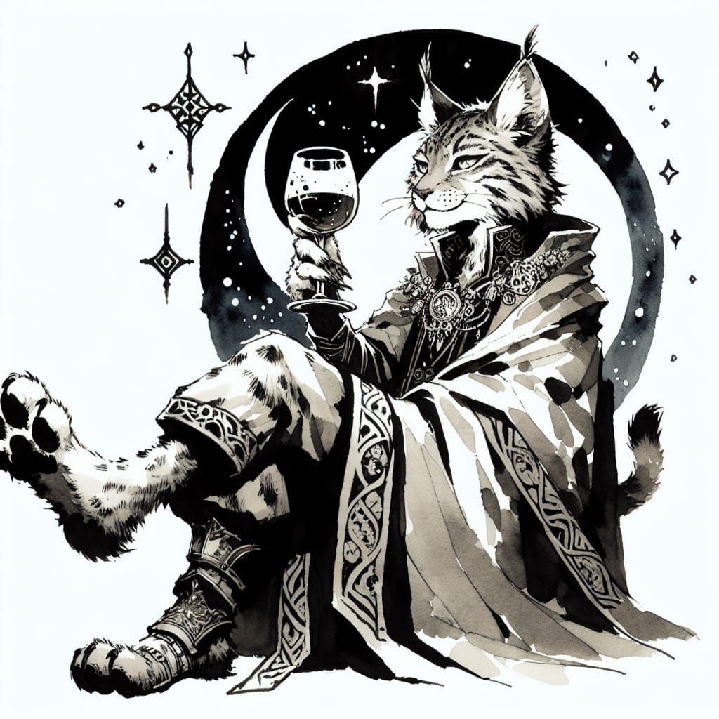 Lynx Queen on Throne in Ink Painting Style