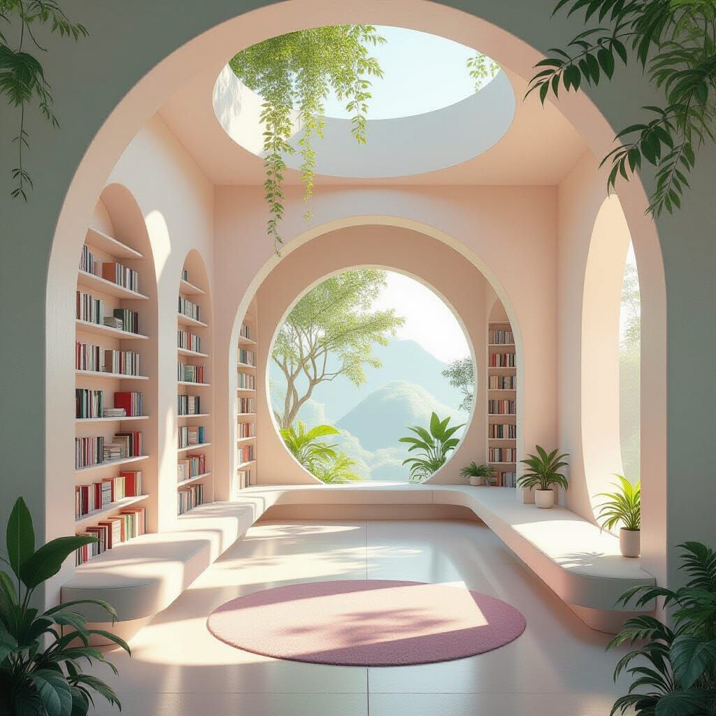 Zen Library in Dadaist Style with Pastel Colors