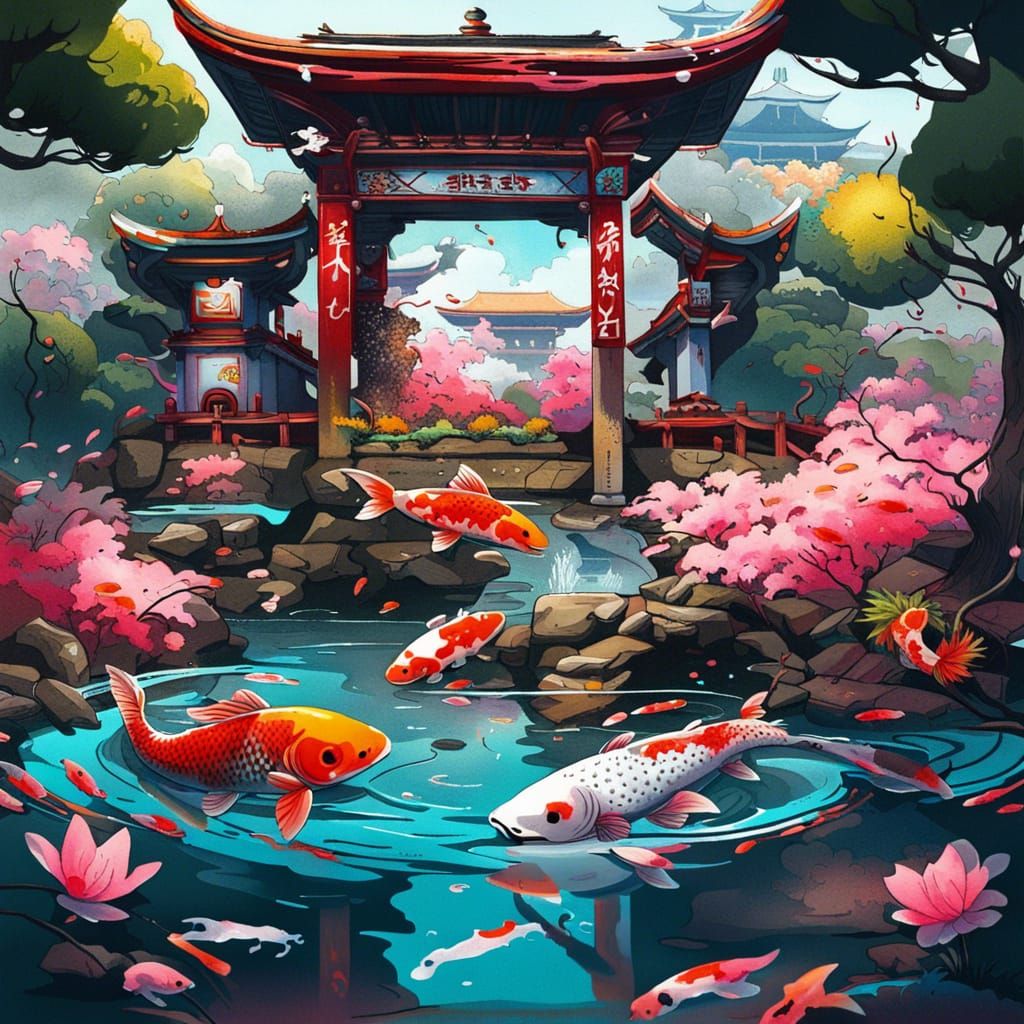 Samurai Protecting Temple with Koi Fish Graffiti Art