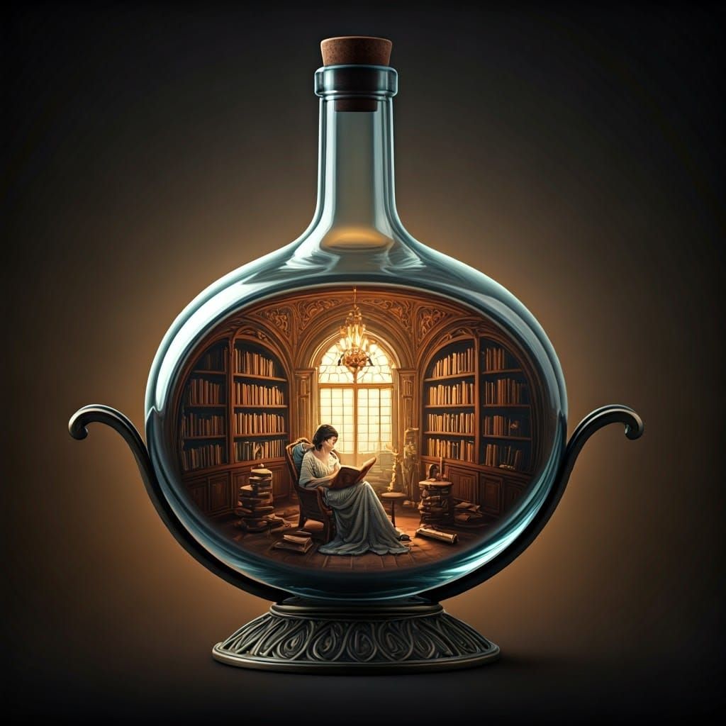 Elegant Art Nouveau Library Scene in a Crystal Glass Bottle
