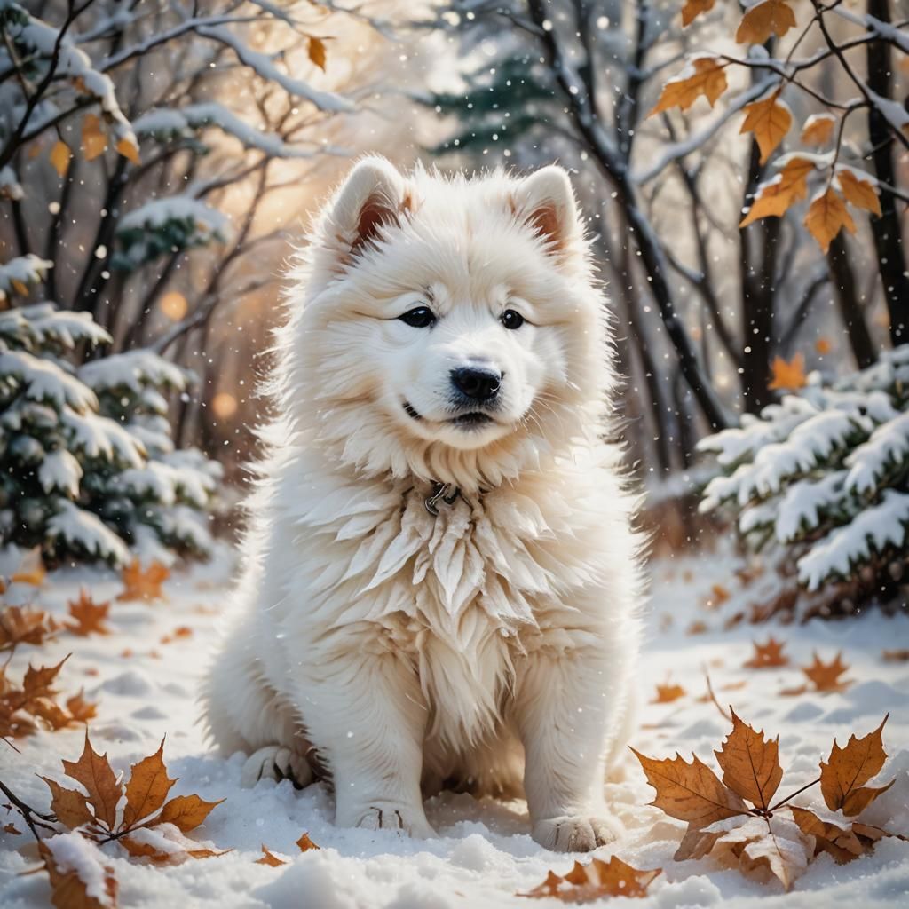 Watercolor Puppy Plays in Winter Wonderland