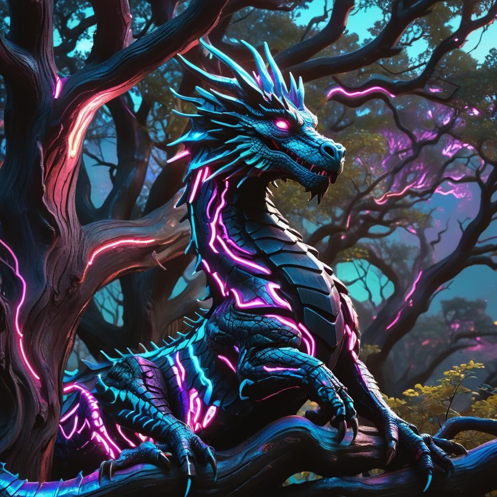Ebony Dragon with Neon Stripes in Synthwave Style