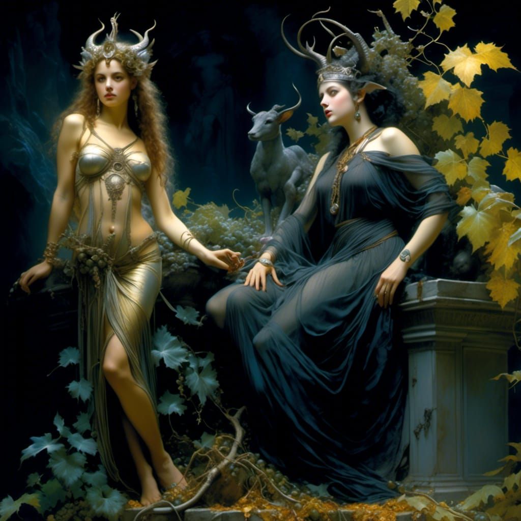 Mythical Satyress on Ancient Ruins, Art Nouveau Style