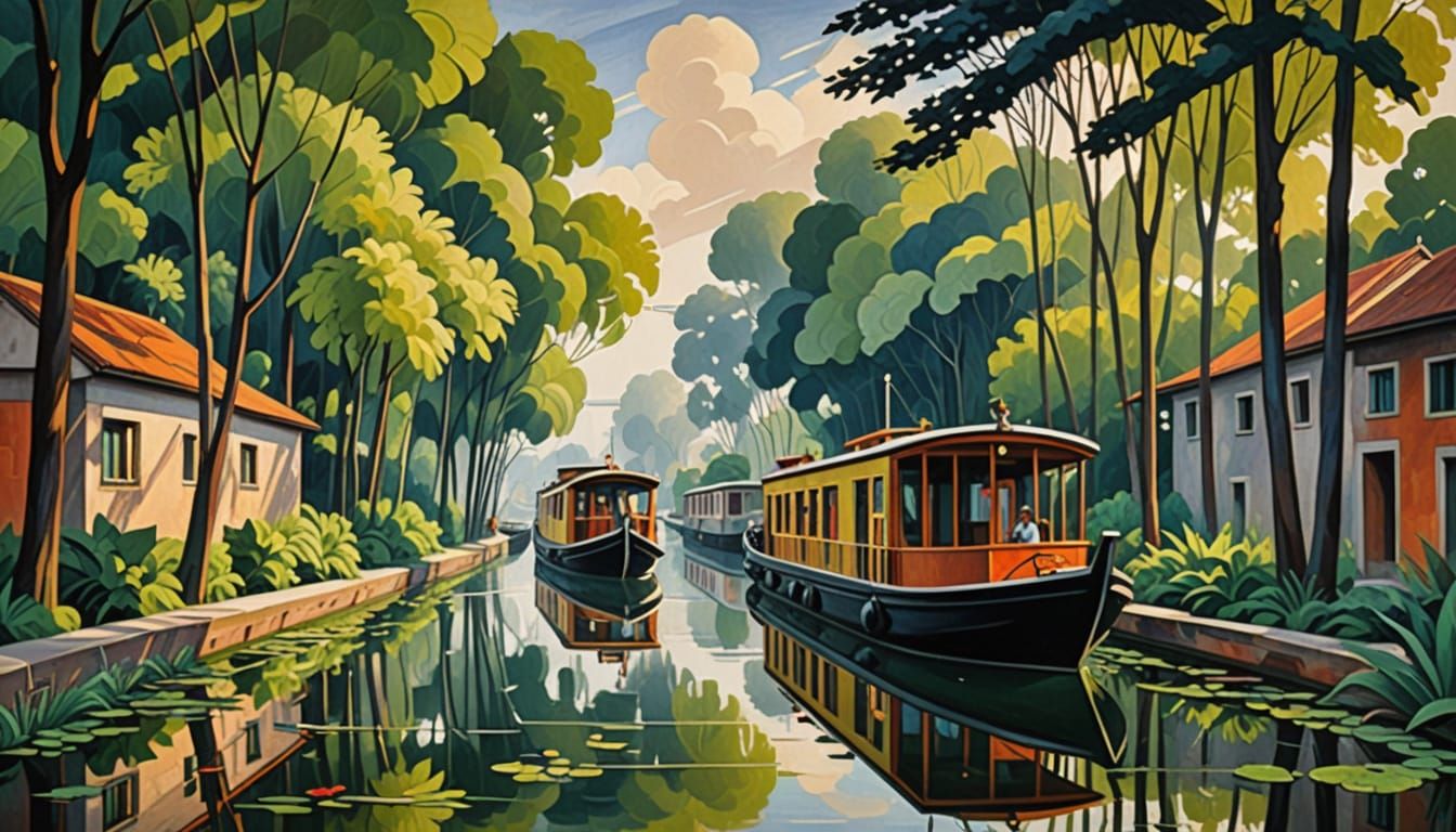 Cubist River Houseboat Gliding on Reflected Canal Waters