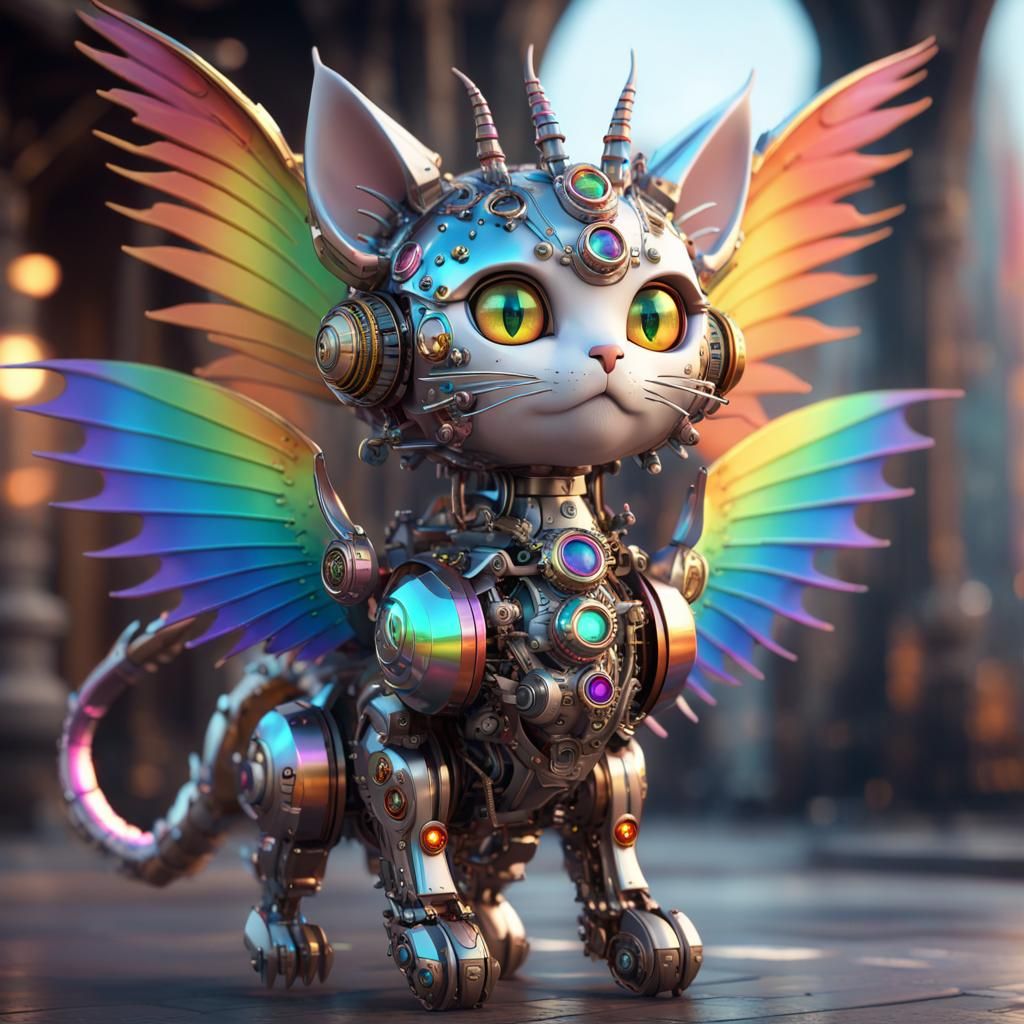 Steampunk Rainbow Dragon Cat: Hyperdetailed Sci-Fi Art