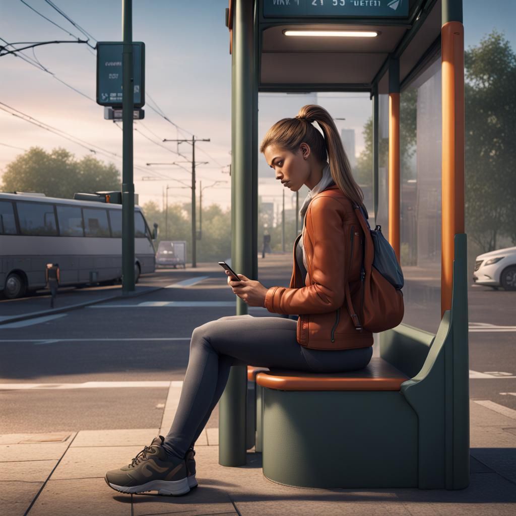 Woman at Bus Stop in Volumetric Lighting