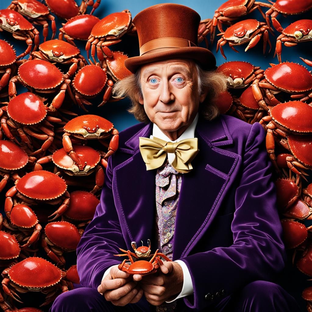 Willy Wonka Close-Up Portrait Eating Crab