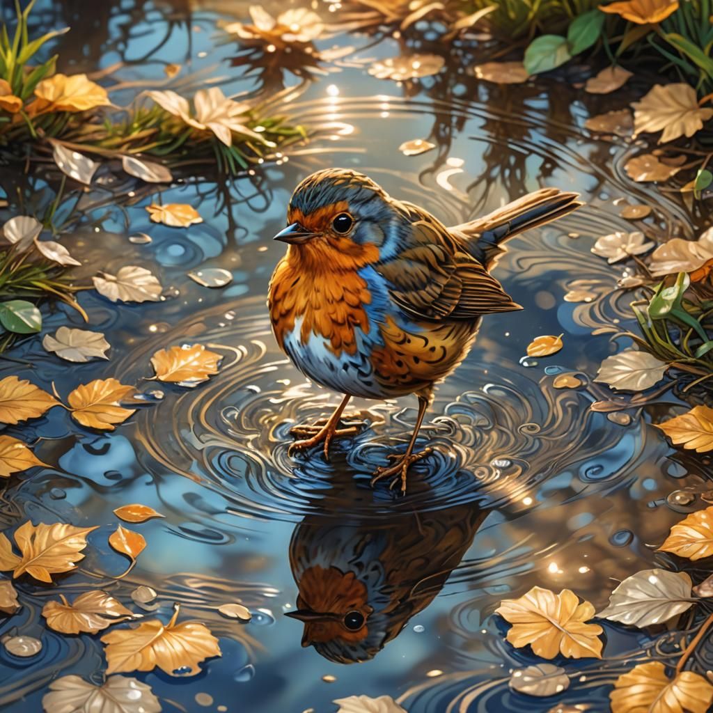 Art Nouveau Robin Gazing at Reflection