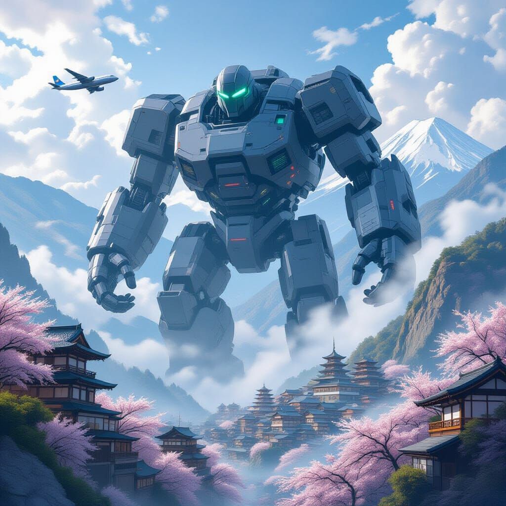 Colossal Golem vs Aircraft in Japanese Landscape
