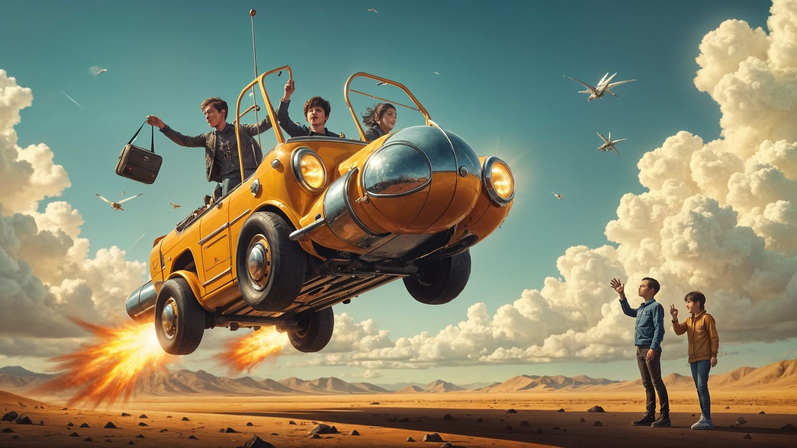 Retro-Futuristic School Bus Launch in Stylized Chrome