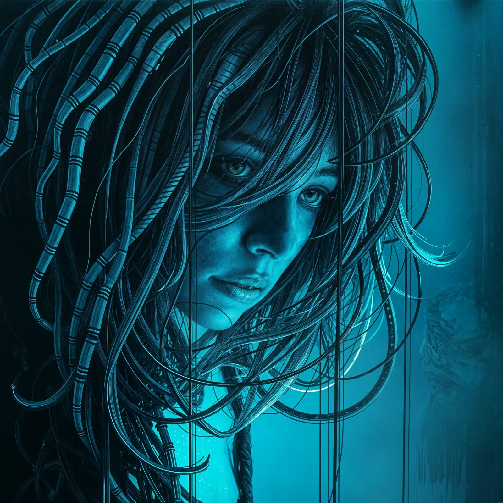 Abstract Shadow Figure with Glitch and Cybernetic Effects