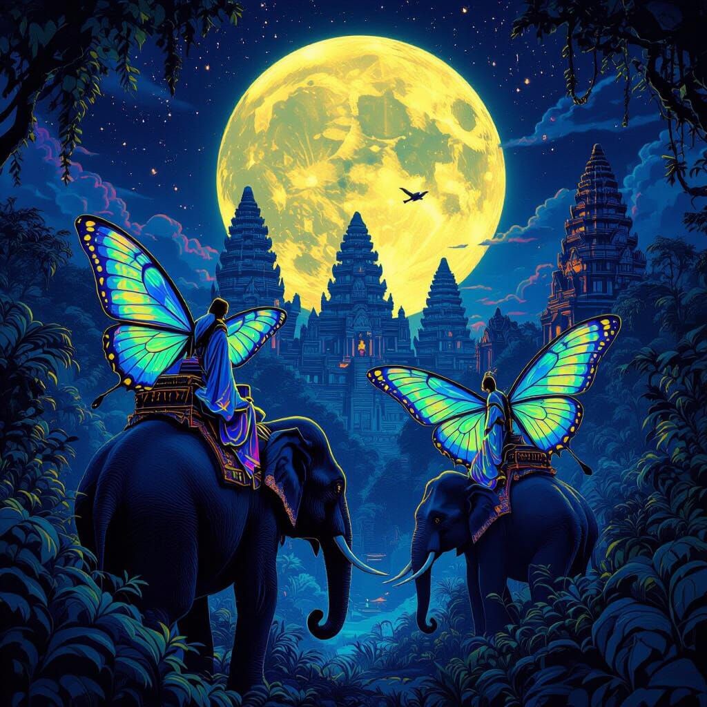 Bioluminescent Jungle Valley with Moon Moths and Elephants