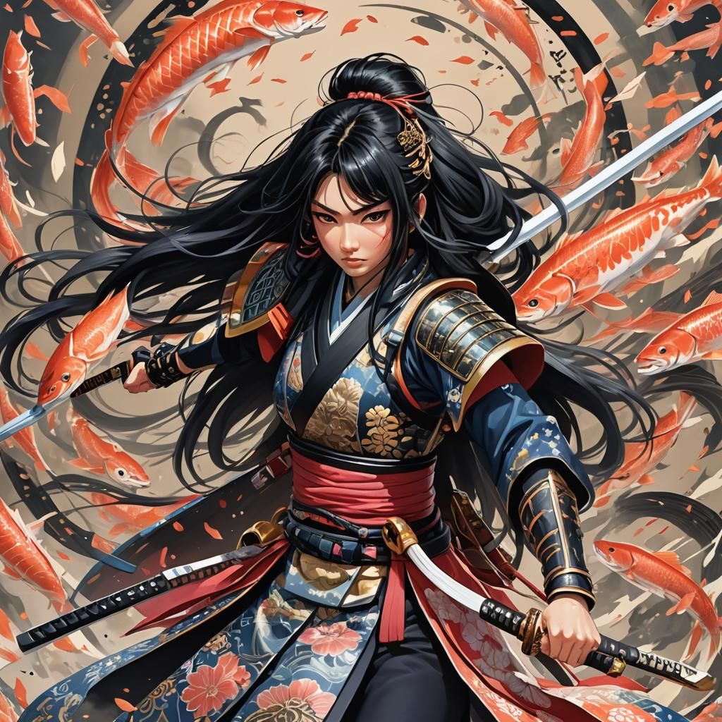 Fierce Samurai Girl Slicing Salmon in Anime Style