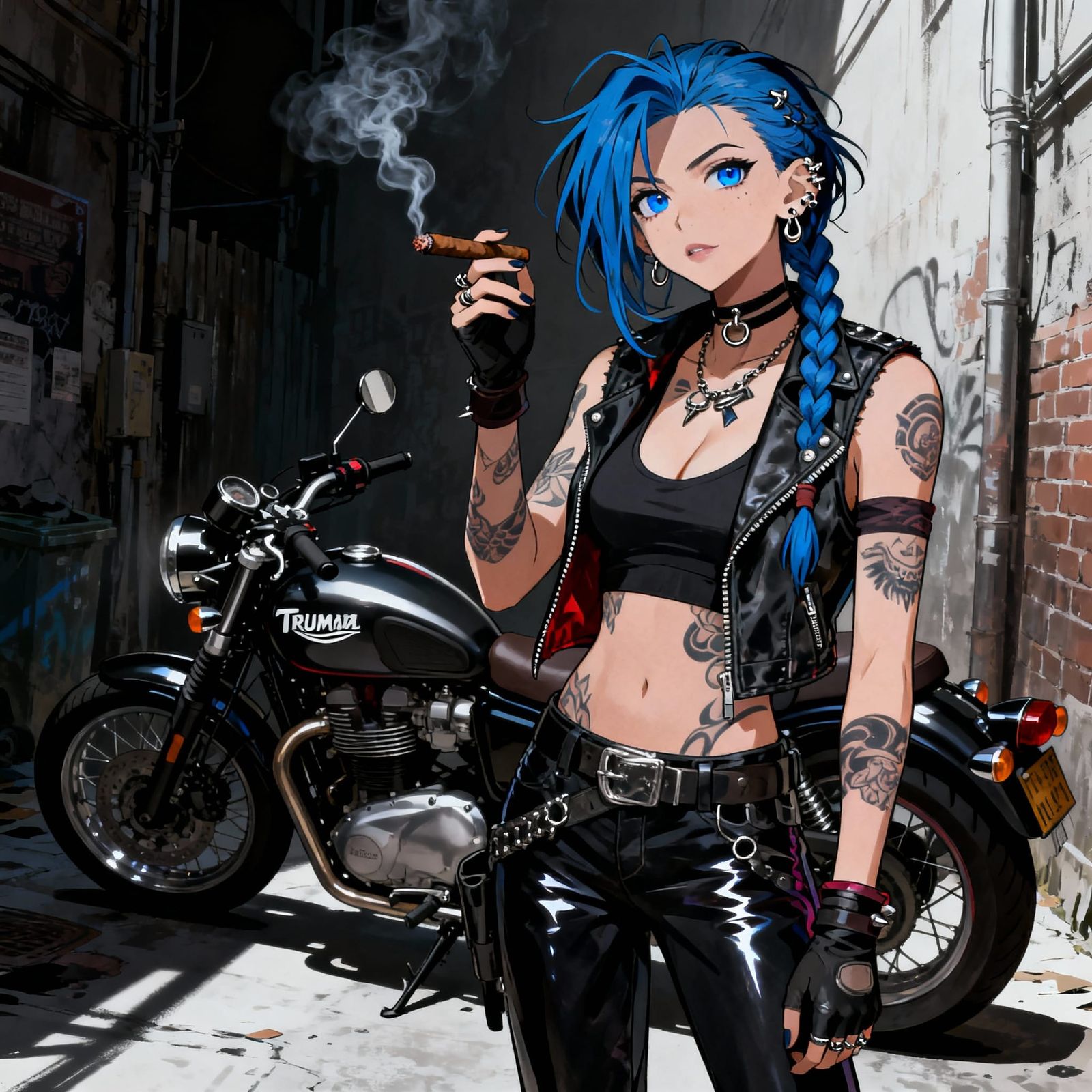 Noir Biker Woman With Triumph Motorcycle