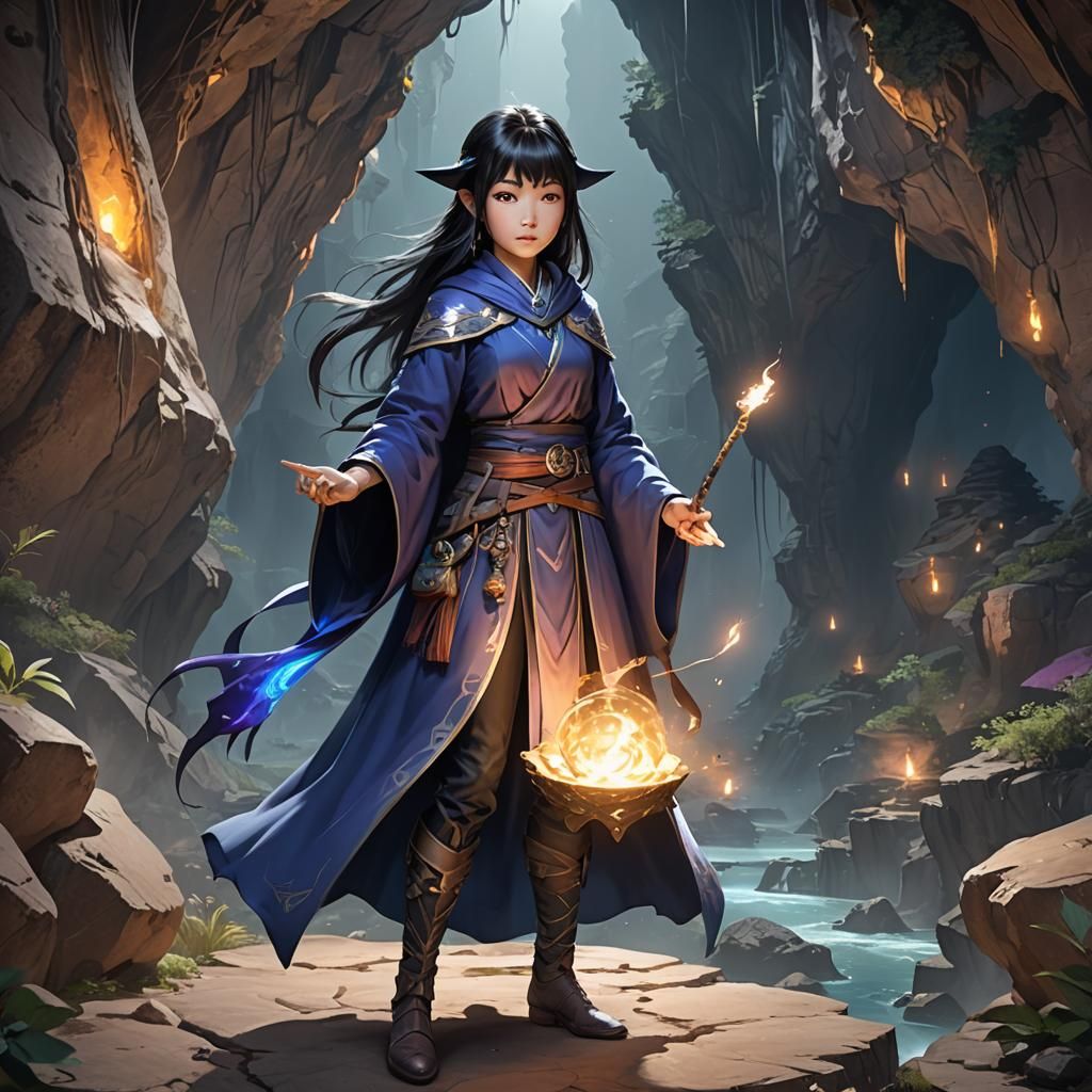 Young Asian Sorceress Casting Spell in Glowing Cave