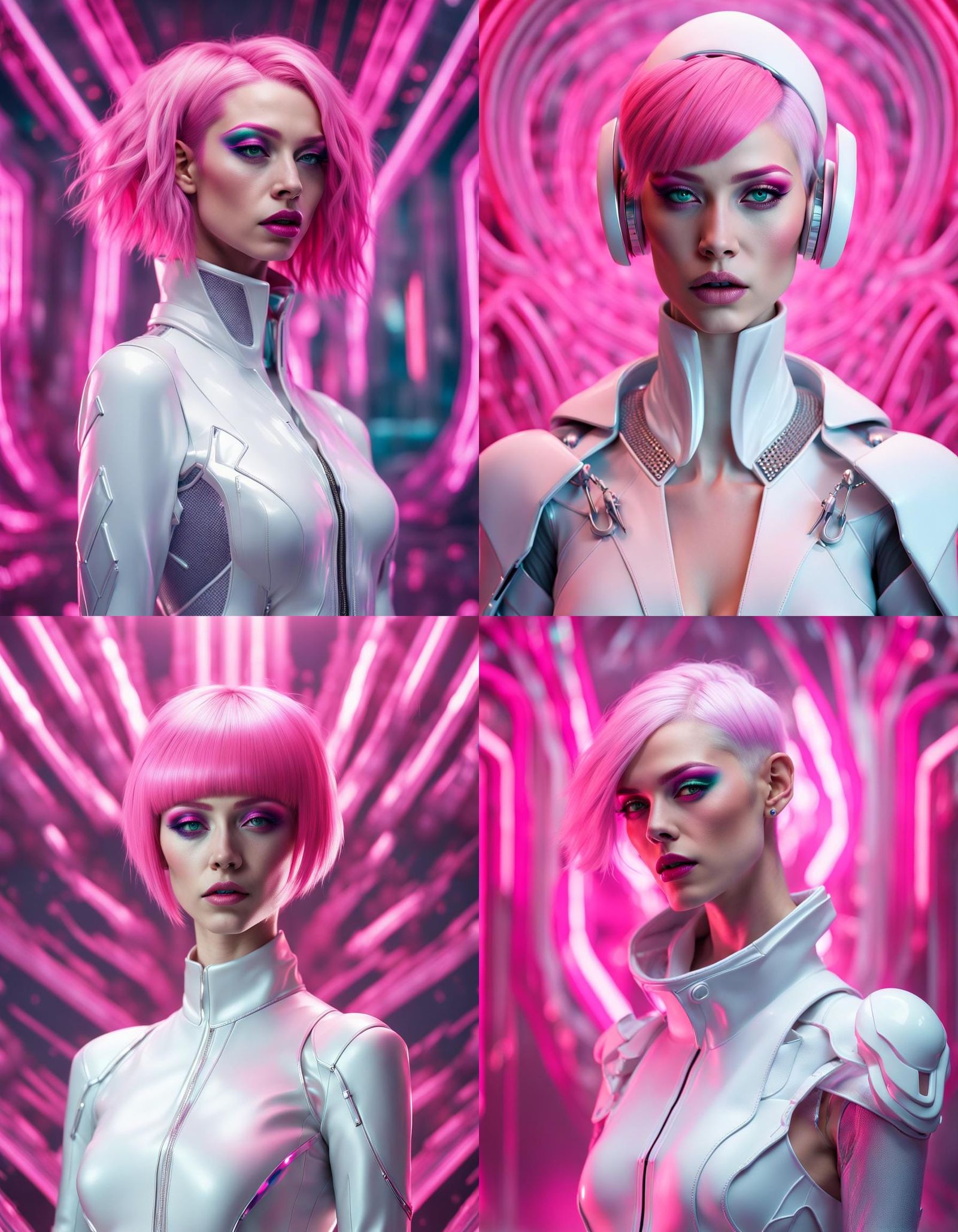 beautiful pink haired female artist all white sleek futuristic outfit,