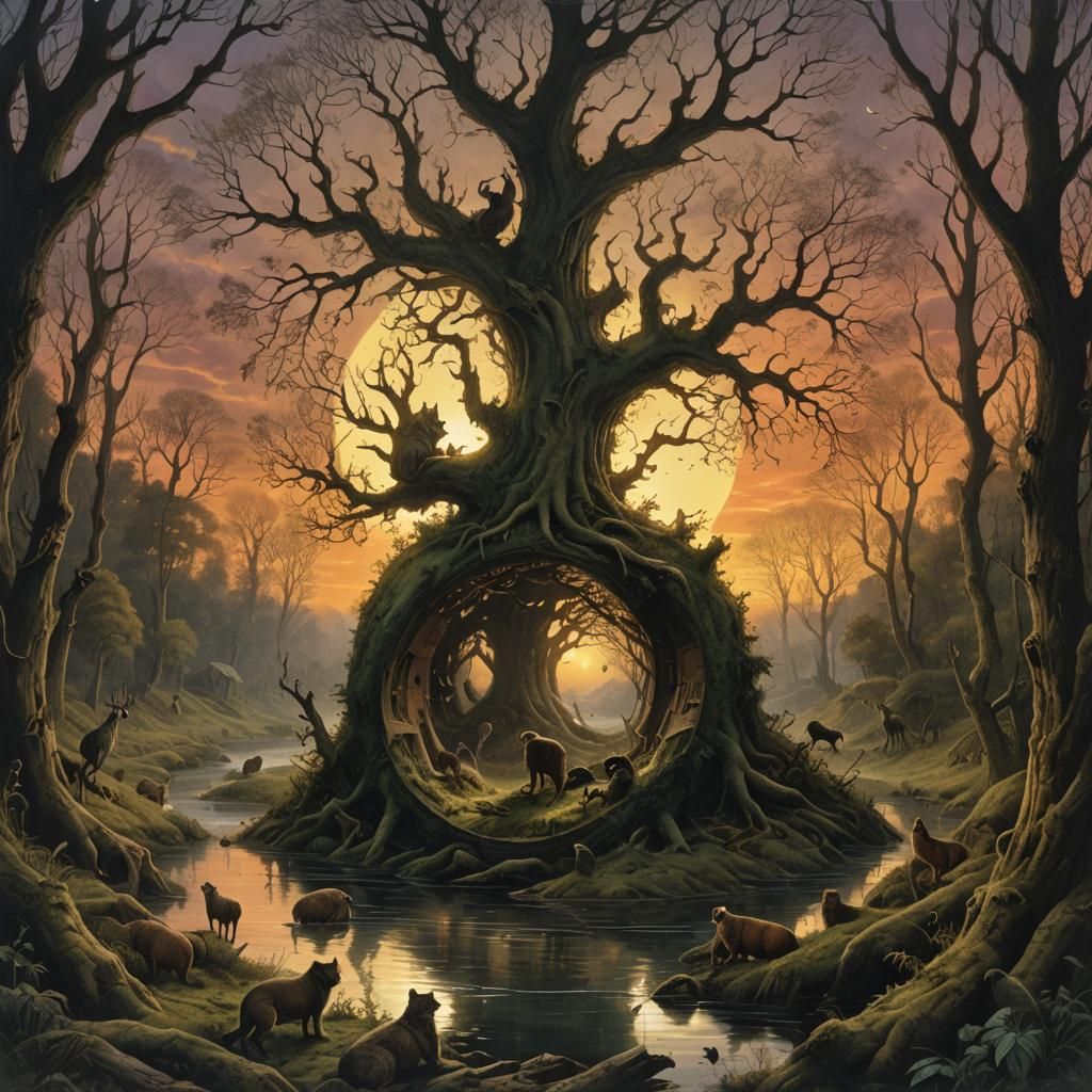 Enchanted Forest Sphere at Sunset: Dark Fantasy Illustration
