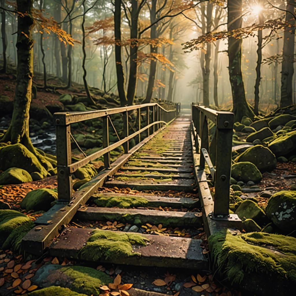 Old Metal Bridge in Forest Clearing at Golden Hour