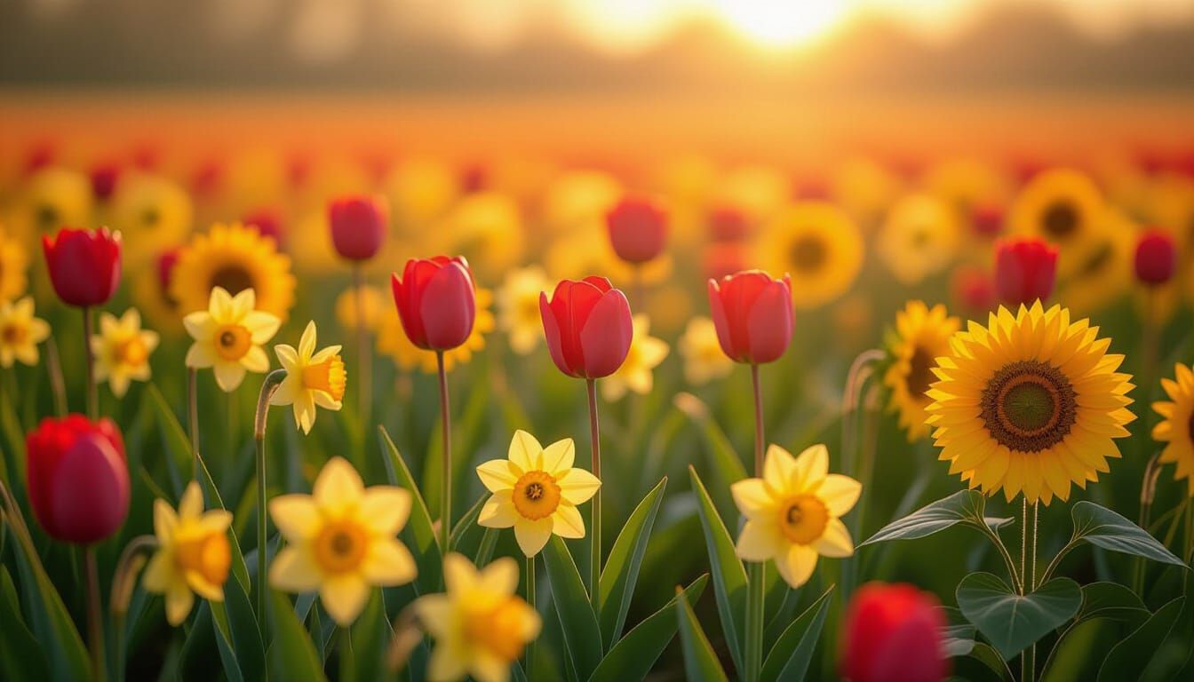 Vibrant Dutch Flower Field in Golden Light Photography
