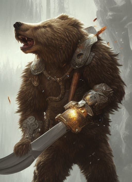 Armored Werebear Charging with Axe: Digital Portrait