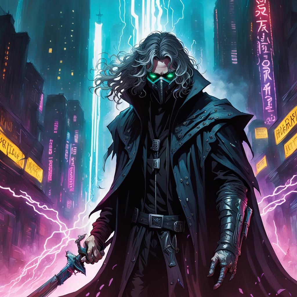 Cyberpunk Swordsman in Dystopian Biomechanical Style