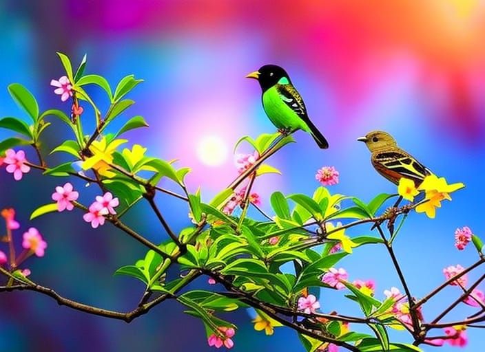 Neon Bird on Branch with Flowers