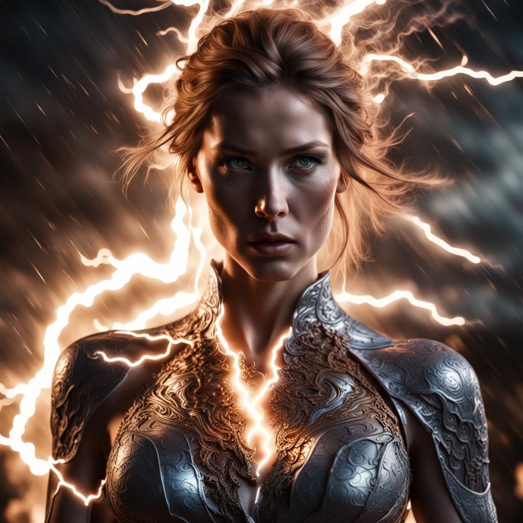 Hyperrealistic Lightning Elemental Woman in HDR