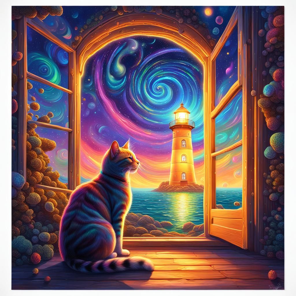 Cosmic Cat in Lighthouse: Holographic Astral Illustration