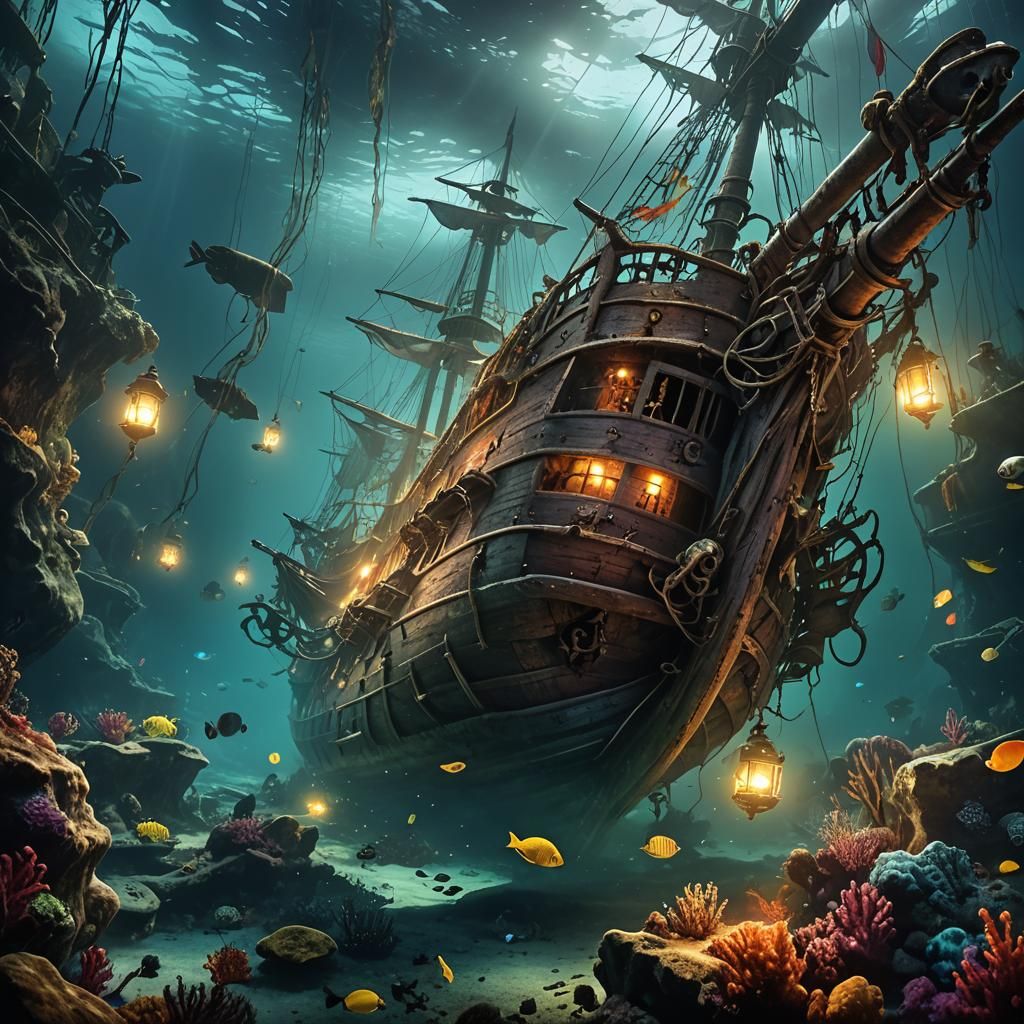 An underwater shipwreck  advances in the depths of the water