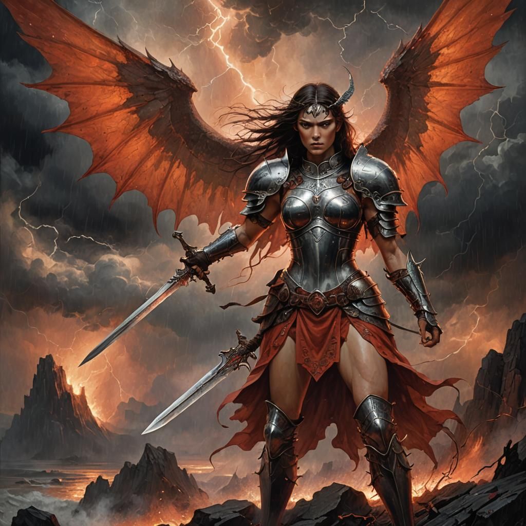 Dark Fantasy Warrior in Hellish Stormy Landscape