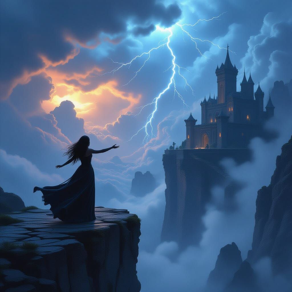 Woman Manipulating Storm Clouds Over Hidden Fortress