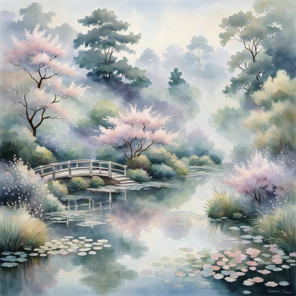 Impressionist Japanese Garden Morning Mist