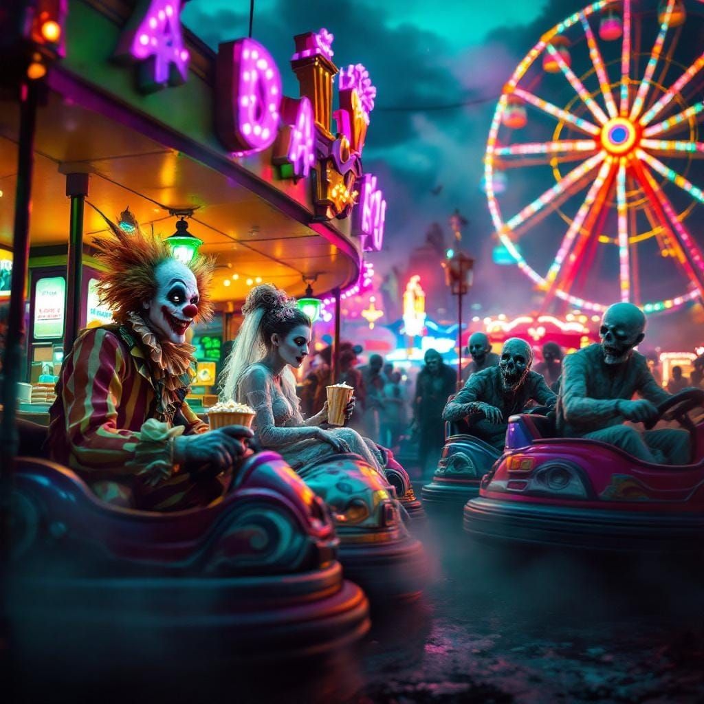 Spooky Carnival Scene with Neon Fog